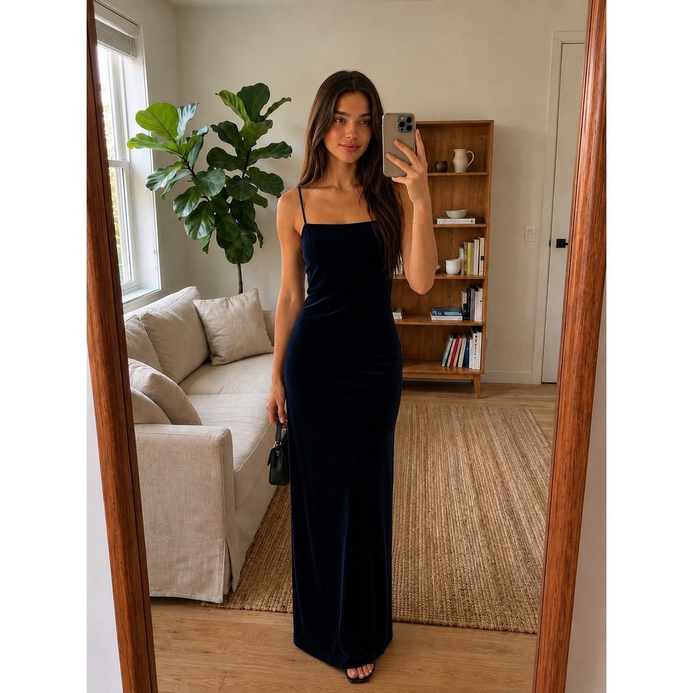 Vintage Velvet Maxi Dress Size 6P Navy 90s‎ Minimalist Y2K Party Prom Formal